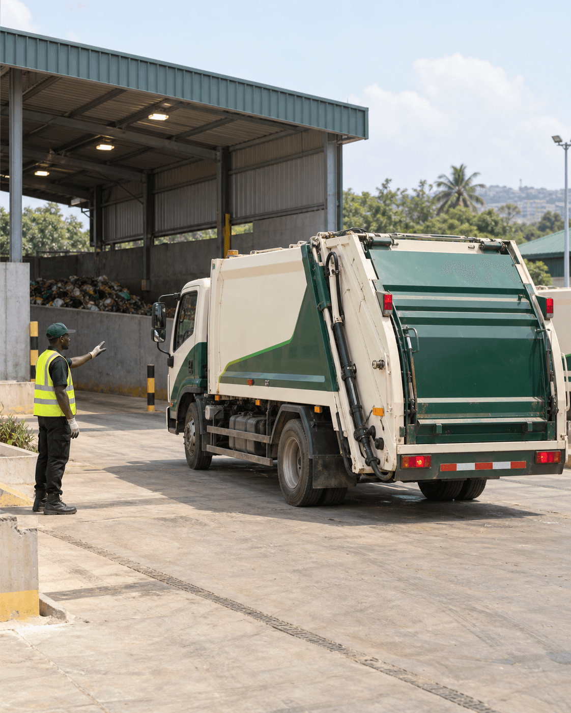 A waste collector guiding a waste truck into a disposal facility.