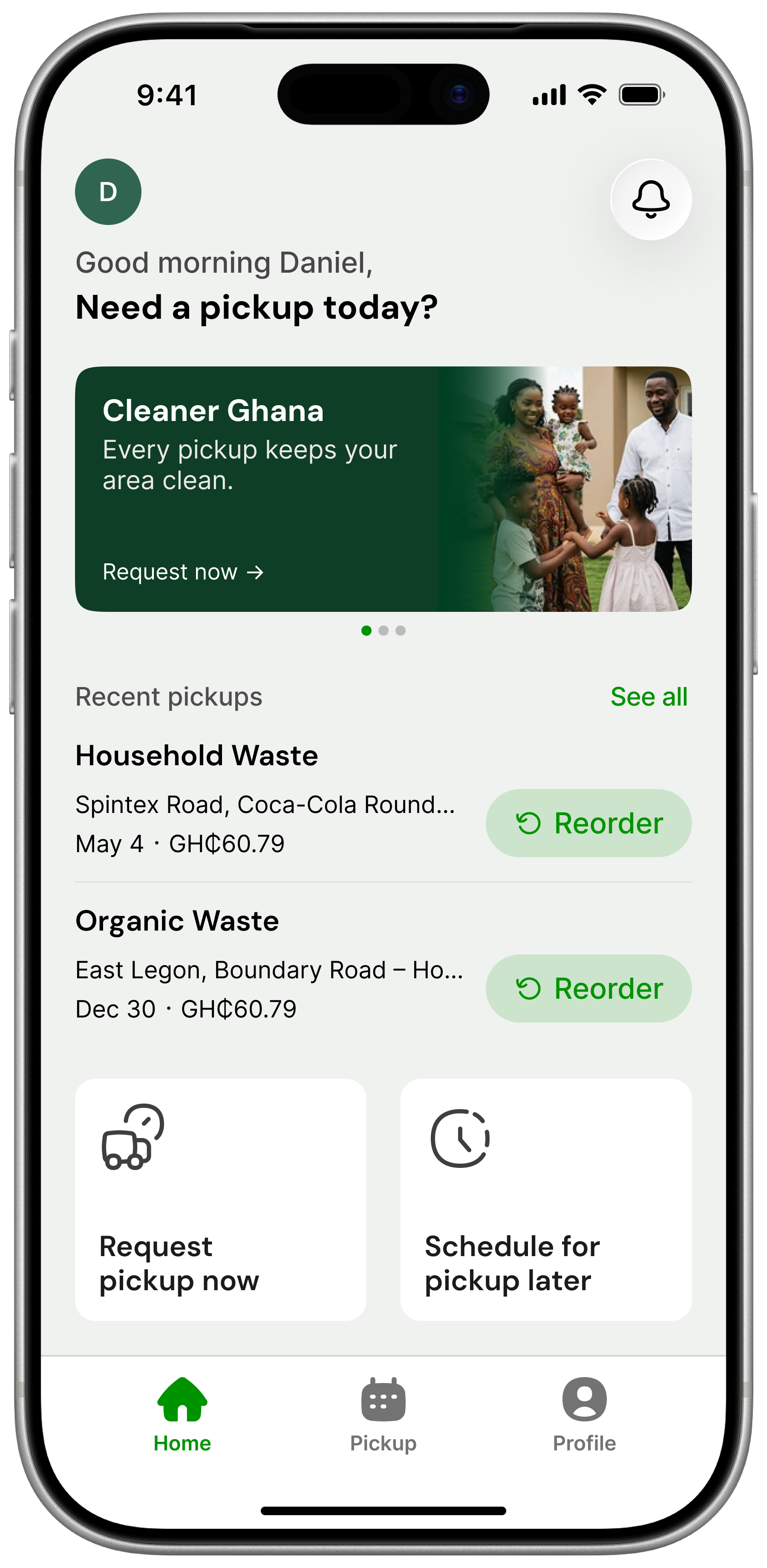 Wastenify app home screen showing recent pickups and options to request a pickup now or schedule one for later.